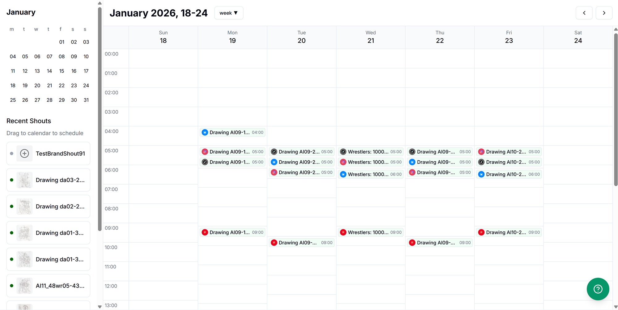 Week calendar view showing scheduled posts and campaigns for the week