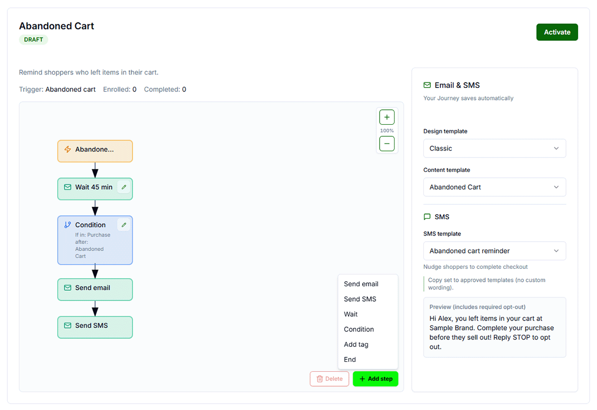 GET SHOUTING CRM Visual Journey Builder showing a visual flow with trigger node, send email, wait, condition, and end nodes connected by arrows