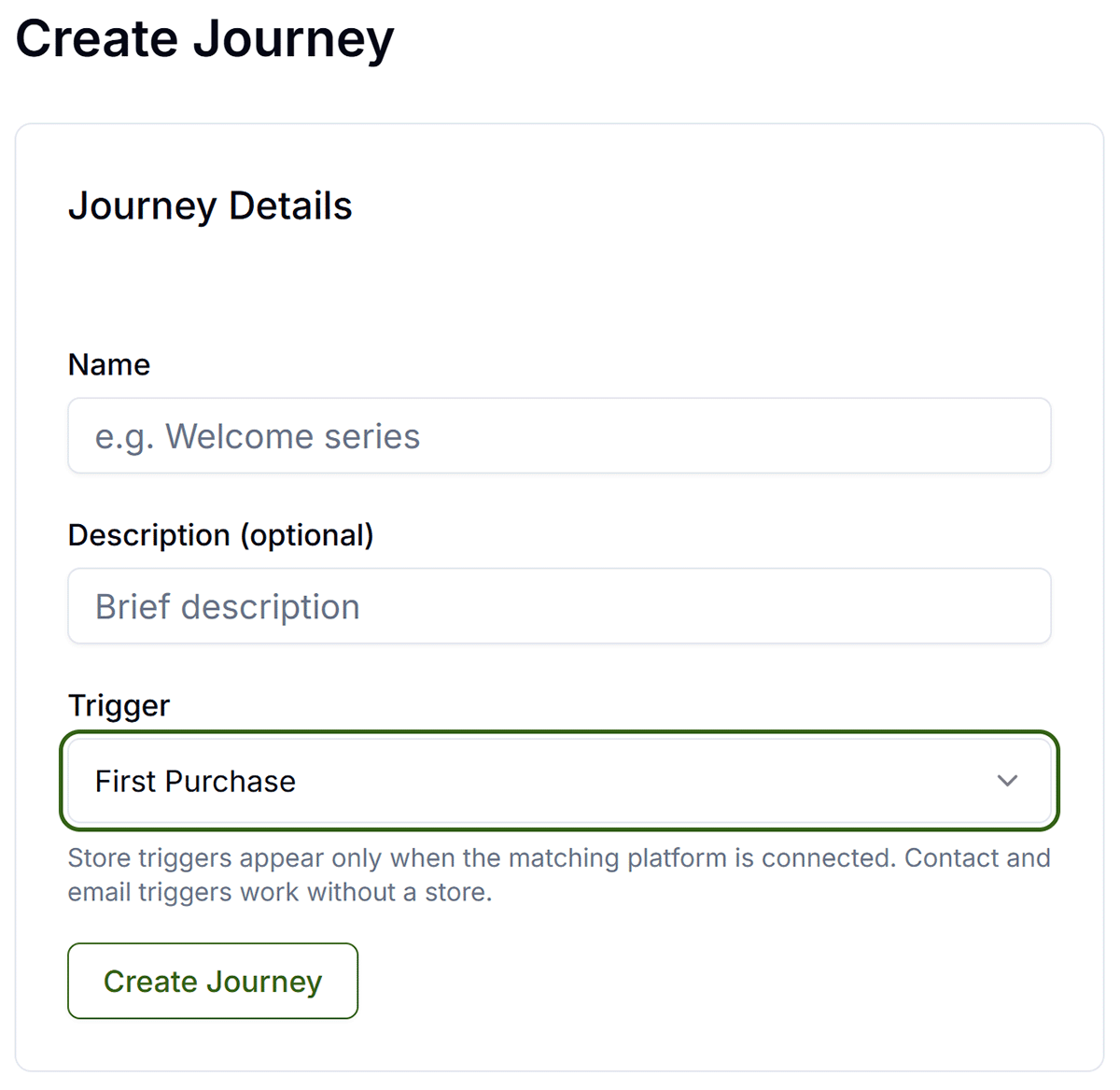 GET SHOUTING CRM Visual Journey Builder showing create steps with trigger list