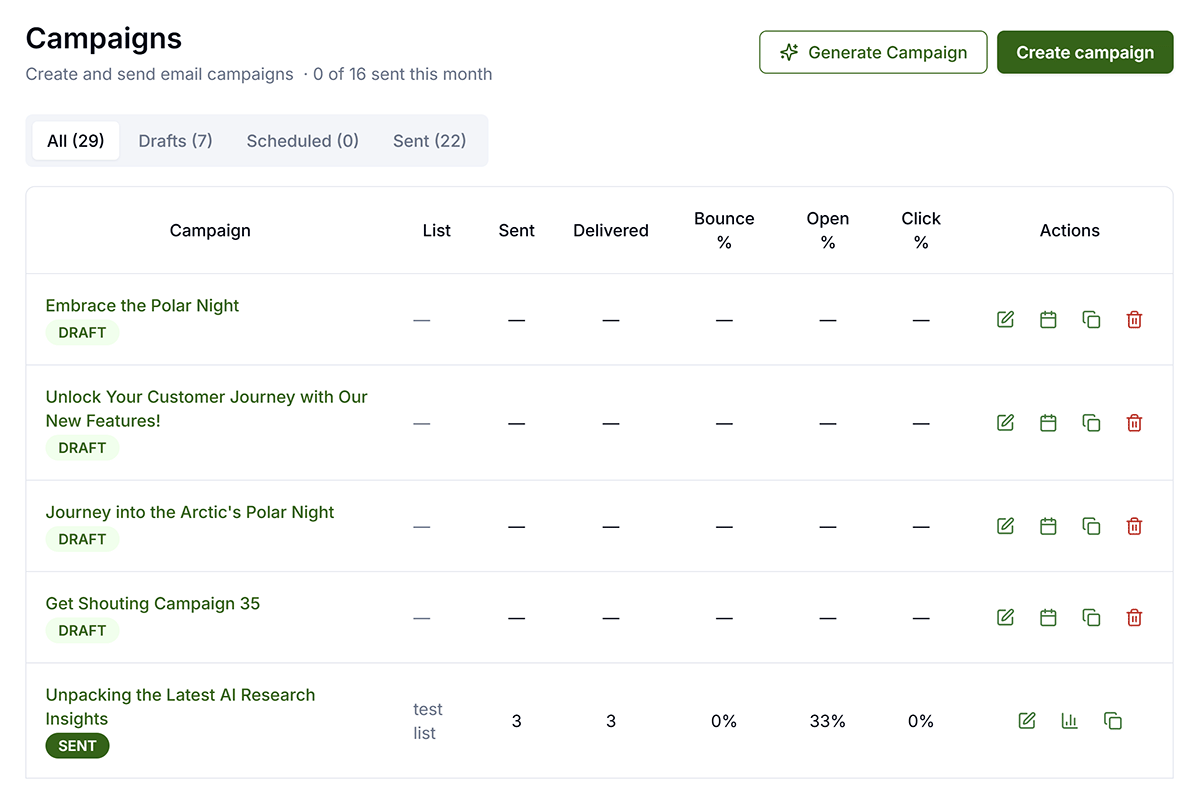 Email Campaigns page