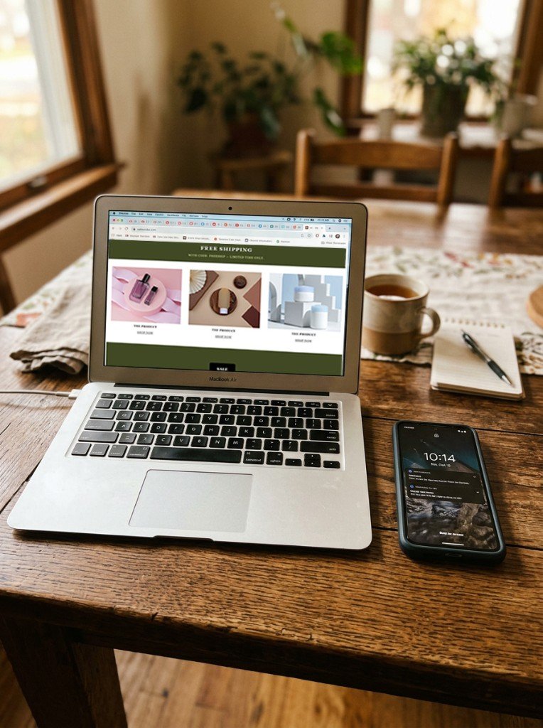 Laptop showing a promotional email beside a phone with SMS notifications for a product launch