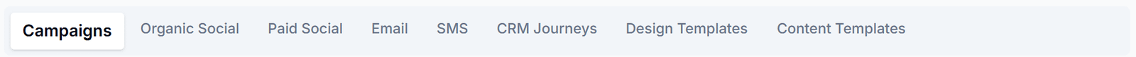 Campaigns hub tabs: Campaigns, Organic Social, Paid Social, Email, SMS, CRM Journeys, and templates