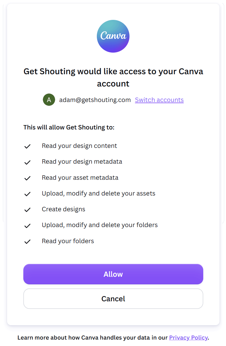 Canva authorization screen for Get Shouting