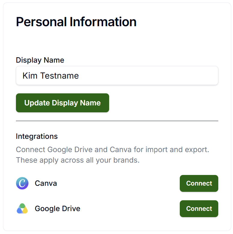 My Profile Integrations card showing Canva and Google Drive Connect buttons