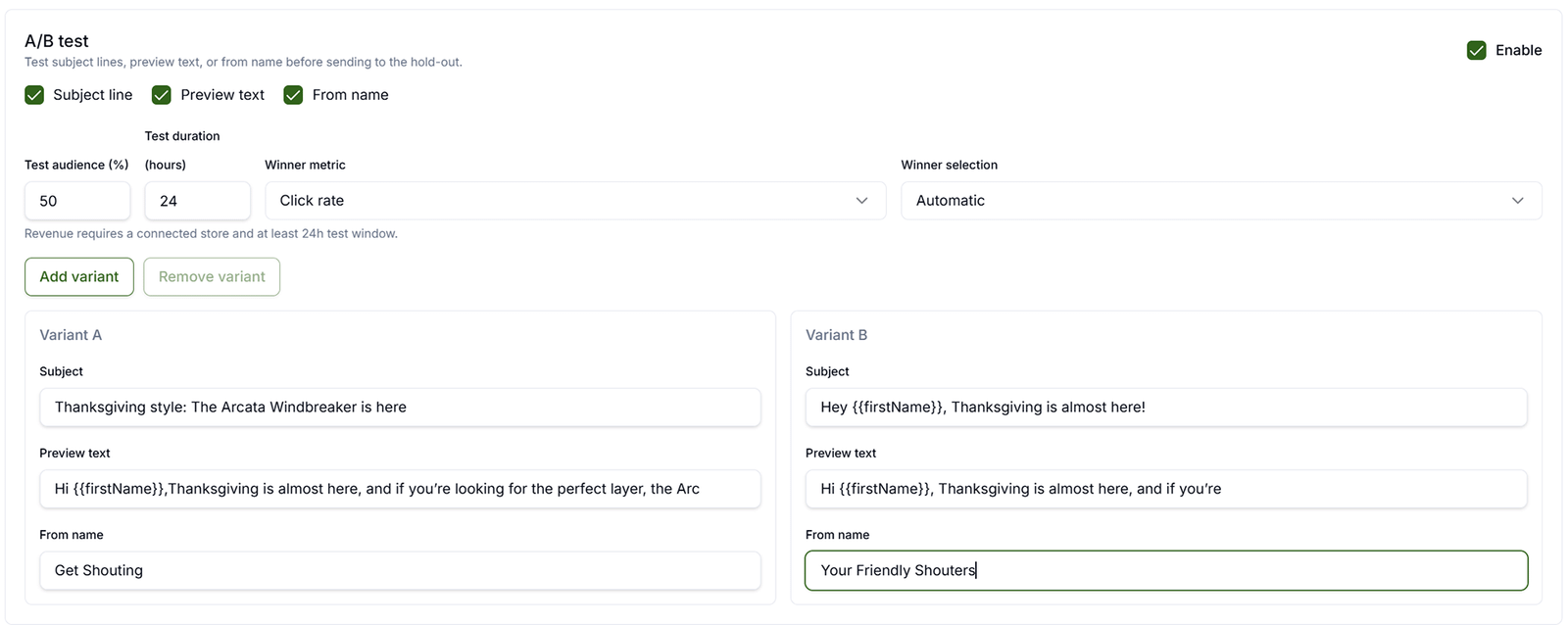 Email campaign A/B testing options