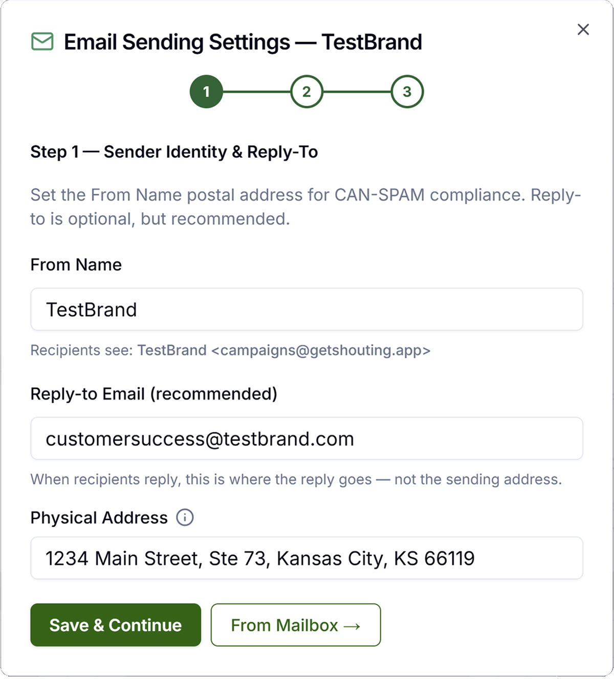 Email Sending — Step 1: Sender Identity and Reply-To in Get Shouting