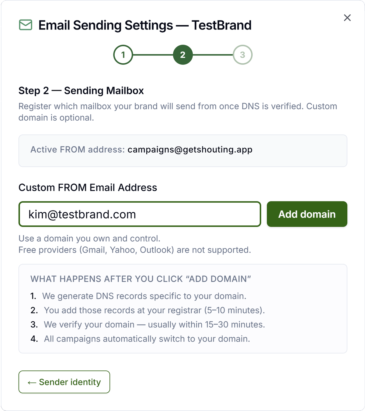 Email Sending — Step 1: Sender Identity and Reply-To in Get Shouting