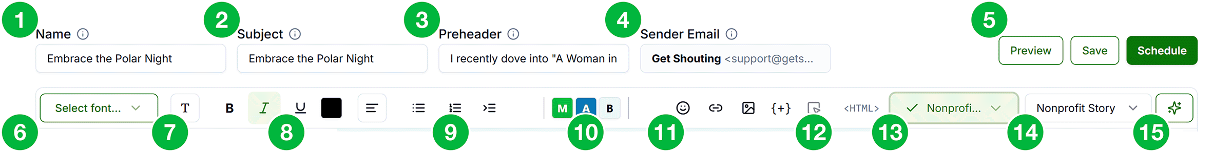 Annotated campaign editor top bar and toolbar, with labels 1 through 15