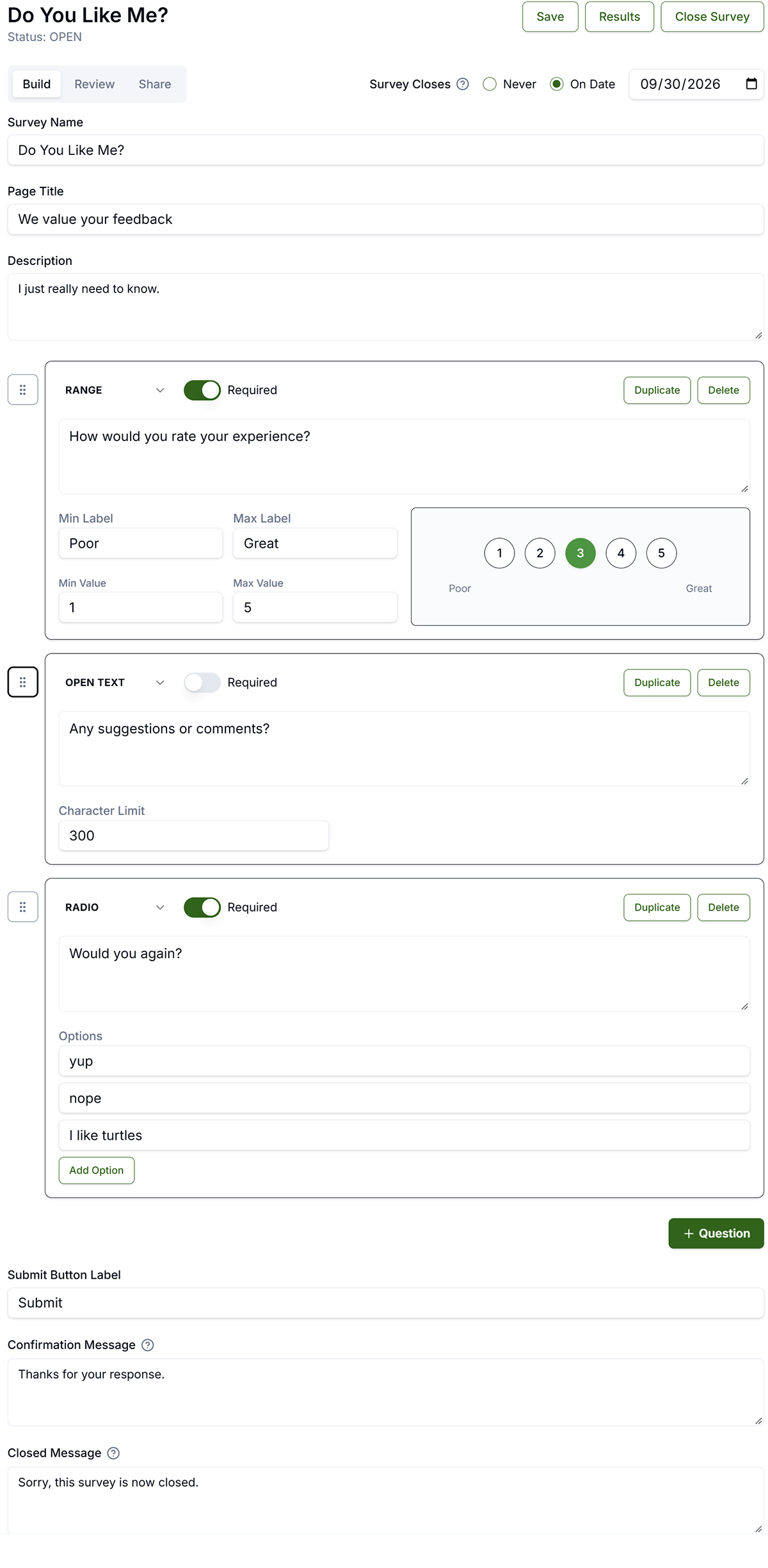 Email editor toolbar with +Survey dropdown and an inline survey block in the email body
