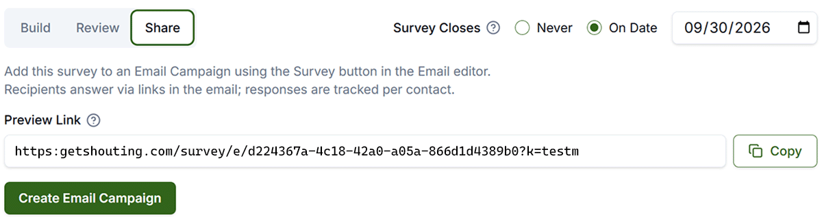 Survey preview in the email editor showing inline rating or choice answers