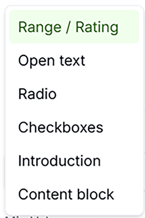Survey builder showing question types and answer options while building a survey