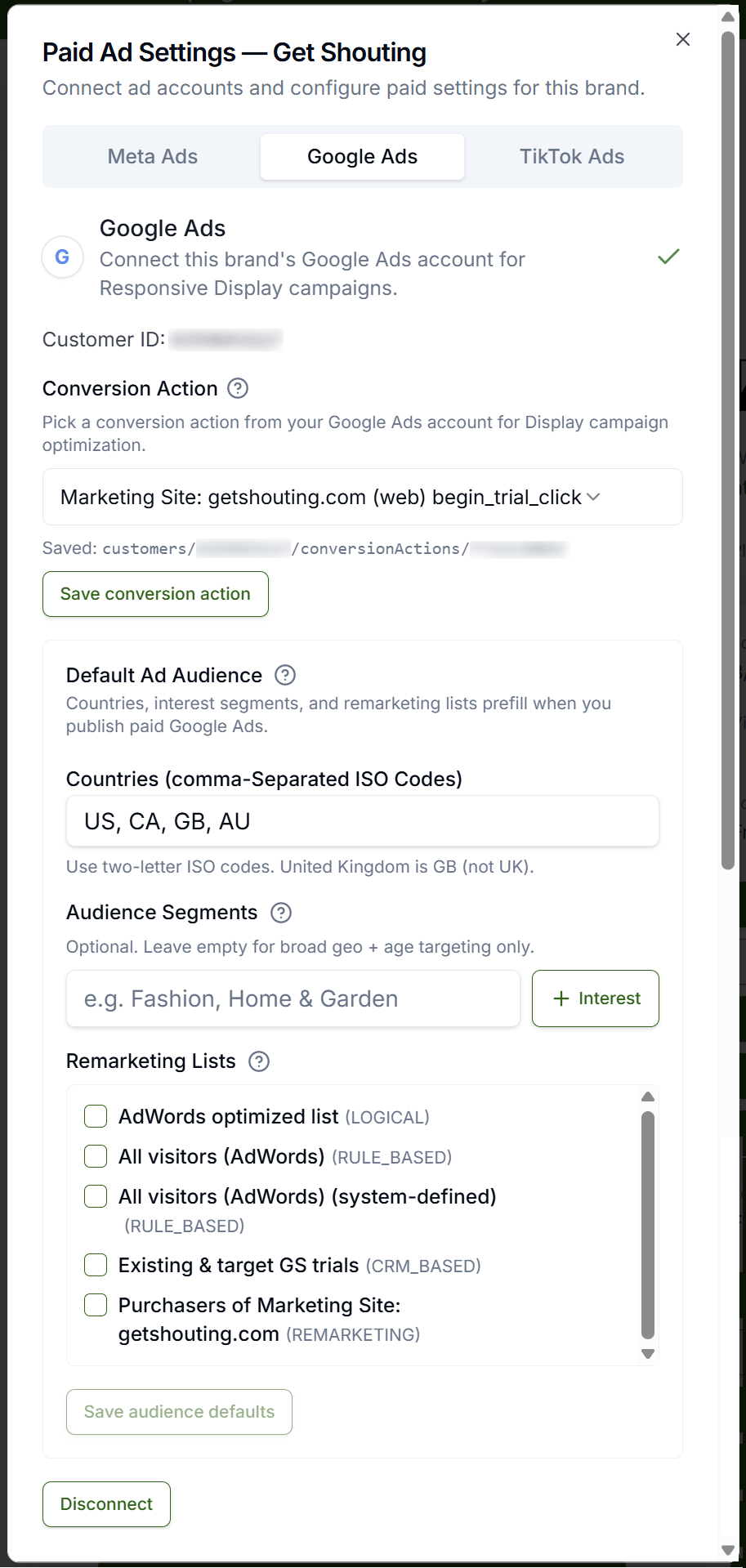 Paid Ad Settings dialog with Google Ads tab showing Connect Google Ads and customer account selection