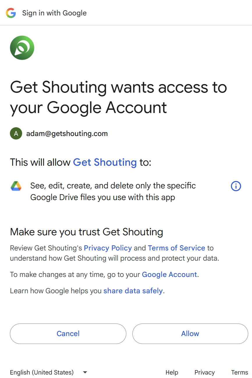 Google authorization screen for Get Shouting Google Drive access