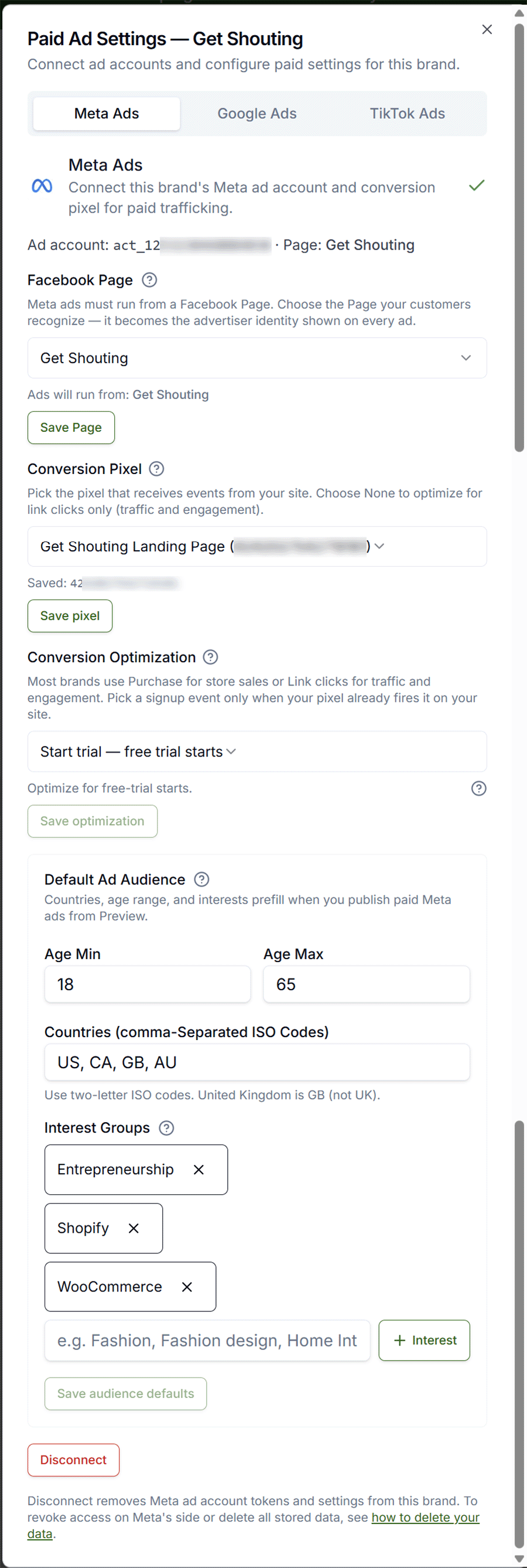 Paid Ad Settings Meta Ads tab showing Facebook Page, Conversion Pixel, Conversion Optimization, and Default Ad Audience fields