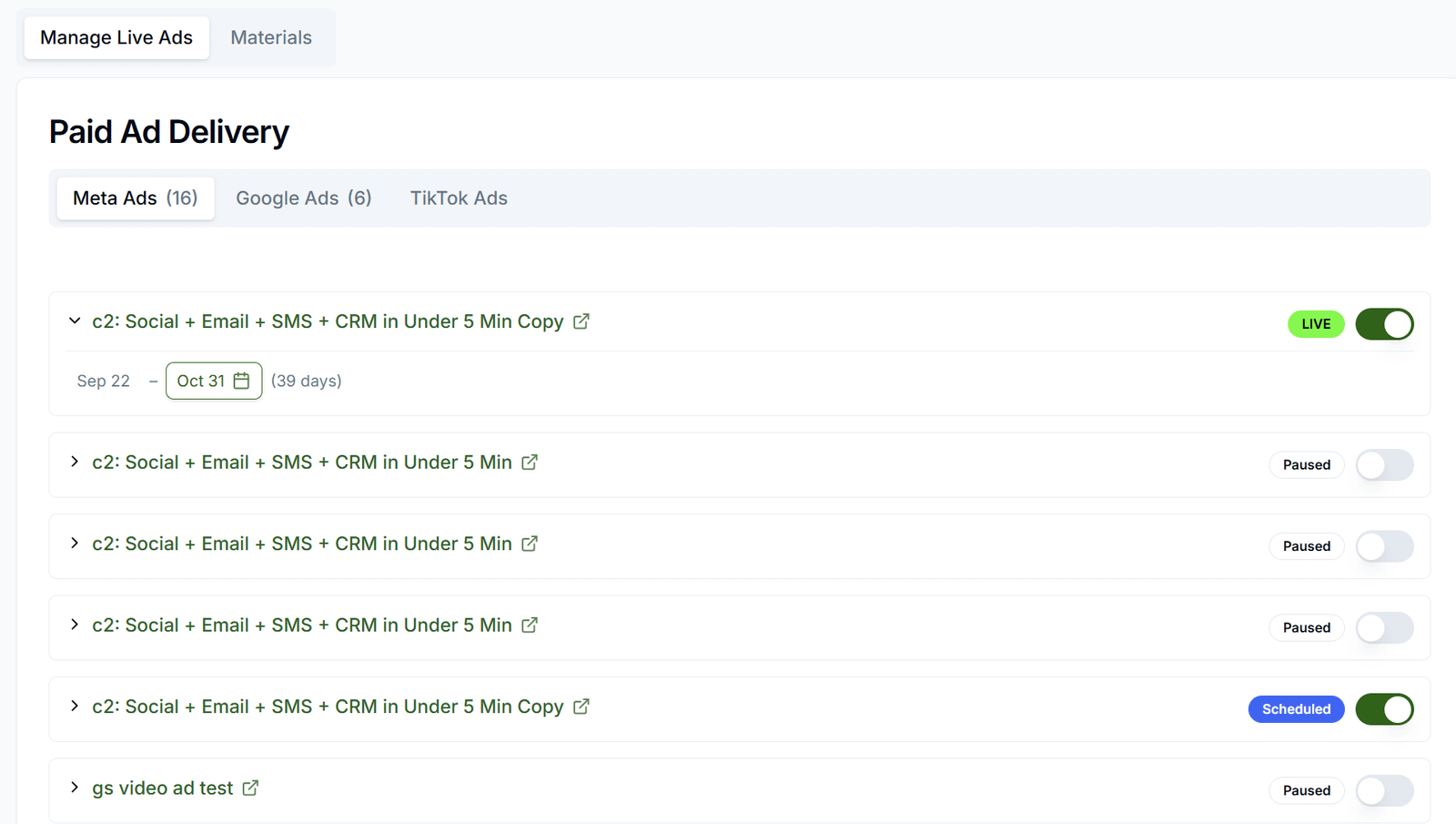Campaigns Paid Social tab with Manage Live Ads flight dates and gross budget