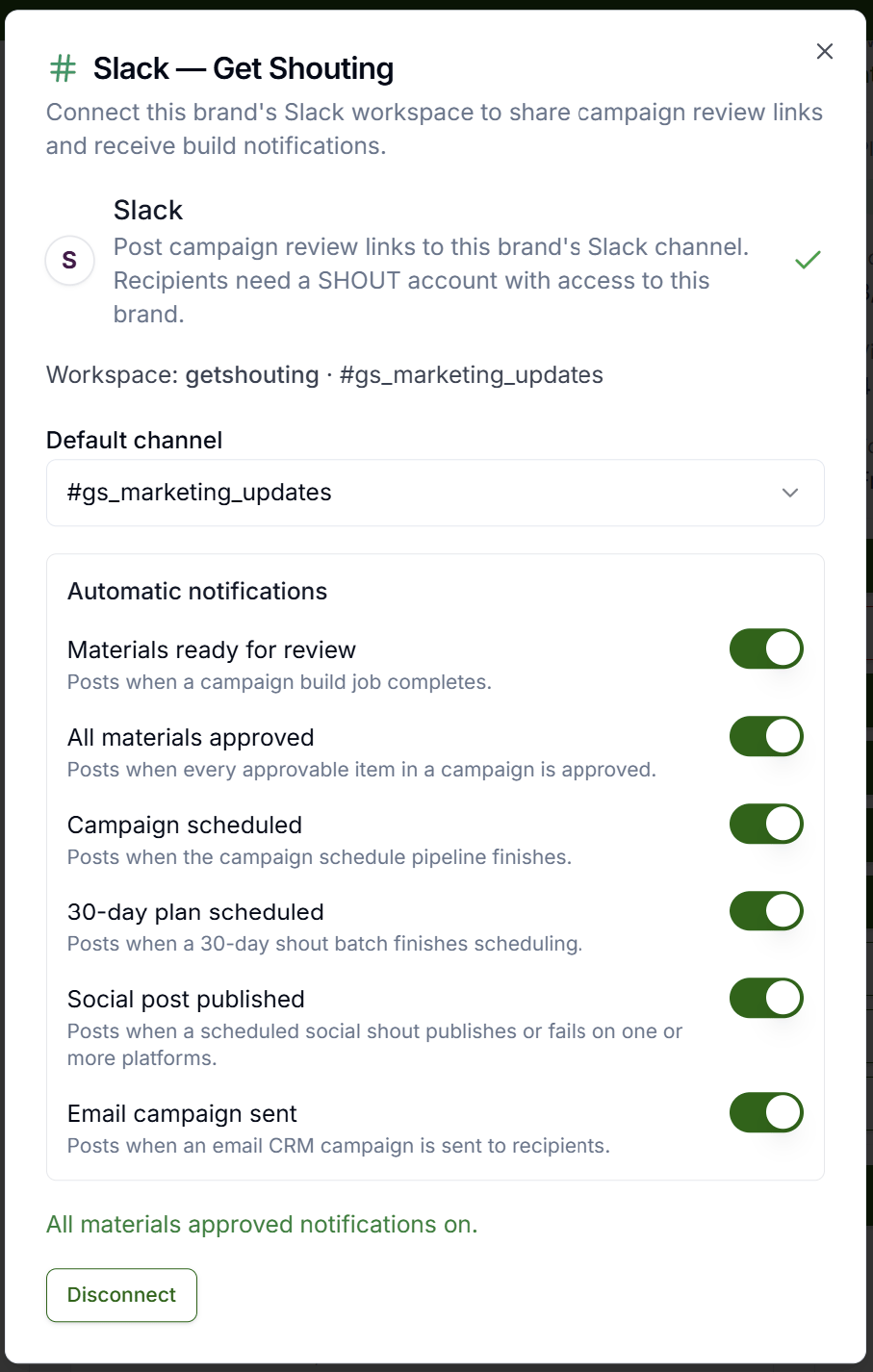 Slack card in Brand Settings showing Connect Slack, default channel dropdown, and notification toggles