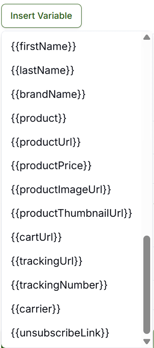 Insert Variable menu listing SMS merge tags including firstName, lastName, brandName, product, cartUrl, and tracking fields