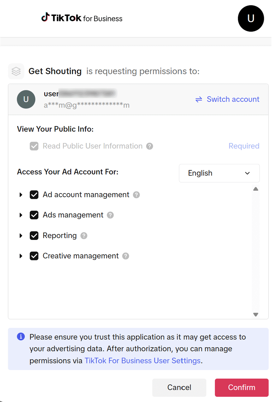 TikTok for Business authorization screen showing Get Shouting permission request with ad account access scopes