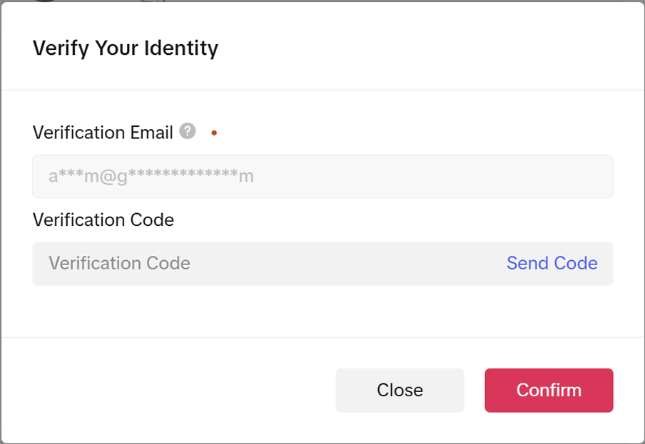 TikTok Verify Your Identity dialog with verification email and code fields