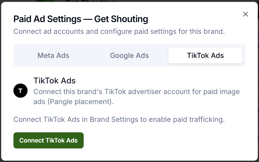 Paid Ad Settings dialog showing the TikTok Ads tab and Connect TikTok Ads button